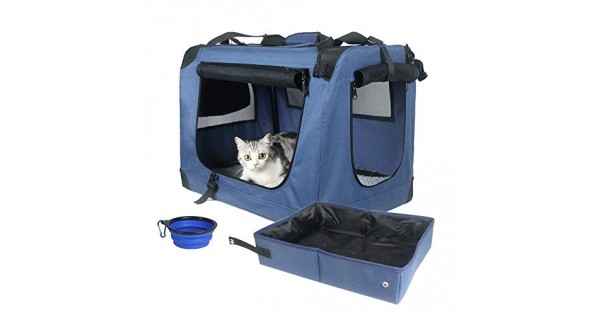 Prutapet Large Cat Carrier 24x16.5x16.5 Soft-Sided Portable Pet Crate  for Car Traveling with Collapsible Litter Box and Bowl